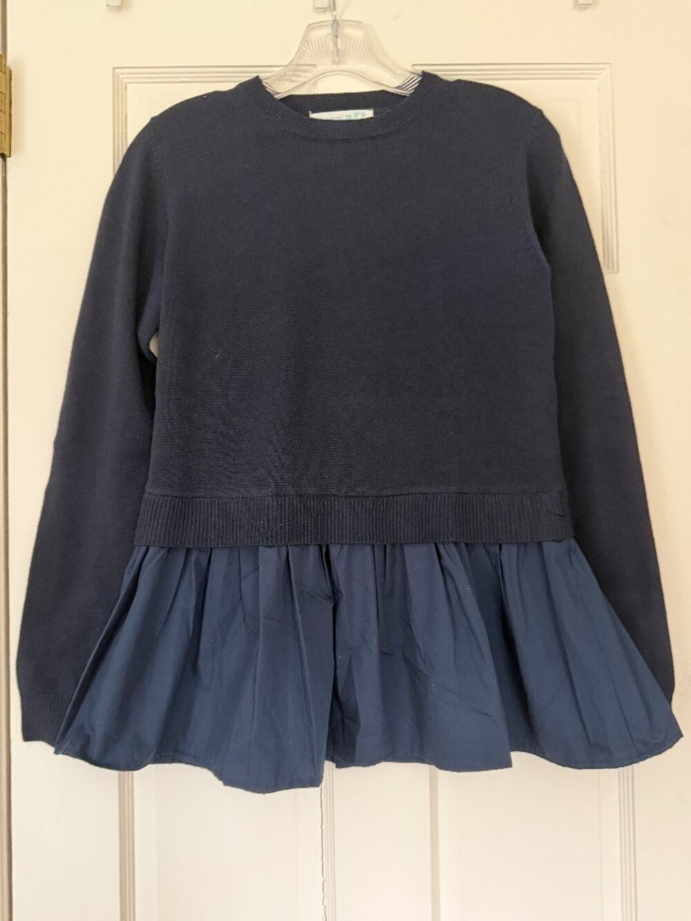 Navy Knit Sweater With Pleated Accent At Bottom